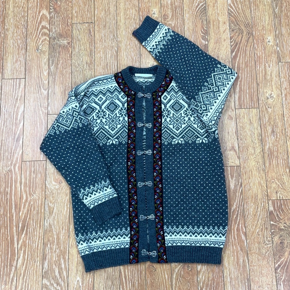 Vintage Nordic Tradition by Devolt Gray Patterned Wool Knit Cardigan - Sz XL